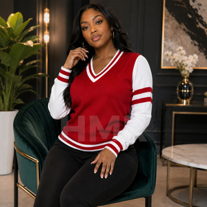 HMR Women Acrylic Sisterhood Women's Red White Contrast Color V Neck Long Sleeve Knitted Preppy Style <b>Cardigan</b> <b>Sweater</b> - Product Image 4