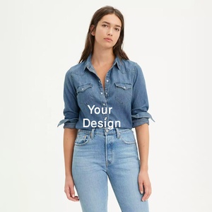 Camisas vaqueras teñidas lisas para mujer, camisas vaqueras informales de manga larga hechas en mangas completas con cuello vuelto directamente de fábrica - Product Image 2