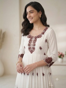 White <b>Kurti</b> With Maroon Embroidery For Women <b>Indian</b> Pakistan Casual Loose Traditional Dress - Product Image 3