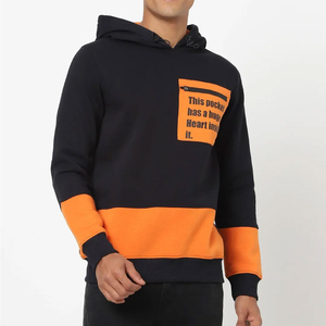 Sweat-shirt à capuche pour homme, noir et orange, avec poche imprimée, coupe décontractée, style automne, manches régulières, en coton tricoté - Product Image 1
