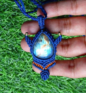 Handmade Macrame Flower Design Buddhism Style <b>Statement</b> <b>Necklace</b> Blue Flash Gemstone Adjustable Cord Minimalist Women's Jewelry - Product Image 1