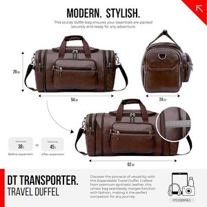 กระเป๋าเดินทางหนังแท้ Leather World Classic Durable Duffle Bag ขนาด 20-35 ลิตร สีน้ำตาล พร้อมซิปปิด ด้านในบุโพลีเอสเตอร์ - Product Image 3