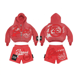 Premium 340g/m Cotton Fleece Breathable Men's Hoodie Short <b>Set</b> Custom Logo Rhinestone Red Two Piece Suit - Product Image 1