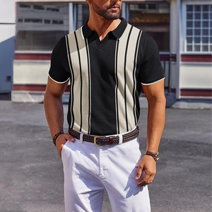 เสื้อโปโลแขนสั้นลายทางสำหรับผู้ชาย ผ้าวิสโคส 80% โพลีเอสเตอร์ 20% ระบายความชื้น ผ้าเย็นสบาย ทรงลำลอง - Product Image 3