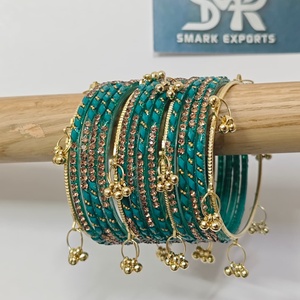 Luxury Teal Green <b>Glass</b> <b>Bangles</b> Set with Crystal Stone Work and Gold Ghungroo Handmade Bridal Jewelry - Product Image 2