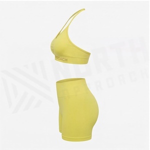 Ensemble de yoga 2 pièces North Approach jaune uni, short taille haute et haut dos nu col en V, sans couture, respirant, vêtements de sport - Product Image 3