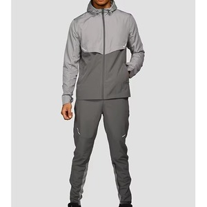 Men's Windproof Hooded Tracksuit Full Sleeve Solid Gray Sporty Jogging Set with Zipper Fly and Side Pockets Autumn Wear - Product Image 1