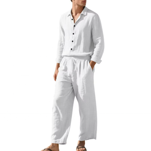 Ensemble chemise et pantalon décontracté en lin pour homme 2026, coupe ample, protection solaire, manches longues, couleur unie - Product Image 1