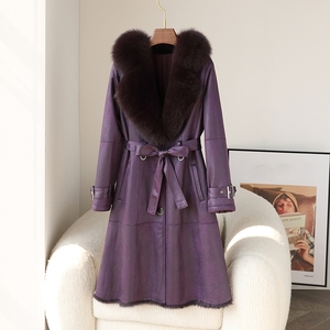 Parka longue tendance en cuir véritable écologique avec col en fourrure de renard et ceinture, manteau d'hiver pour femme de haute qualité - Product Image 1