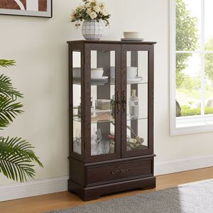 <b>Lighted</b> 2-Door Glass Curio Cabinet with 1 Drawer Adjustable Glass Shelves & Bulb Included Display & China Cabinet - Product Image 2