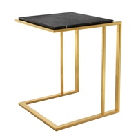 Table basse de salon de luxe au design moderne, avec base en marbre antique, rangement latéral en métal doré et plateau rond noir.