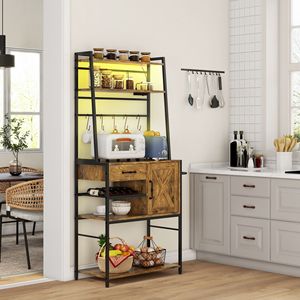 Scaffale da Cucina Industriale Marrone Rustico con Ripiani Aperti, Stazione di Ricarica, Portasciugamani LED - Multiuso per Abbigliamento - Product Image 2
