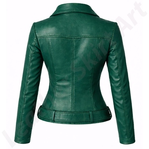 Veste de moto en cuir véritable vert pour femme, ceinturée, coupe ajustée, fermeture éclair, style motard, vêtement d'extérieur tendance - Product Image 2