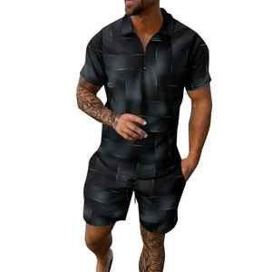 Ensemble polo et short pour homme, noir uni, tissé, personnalisable, tenue décontractée d'été, respirant, 100% coton, deux pièces - Product Image 1