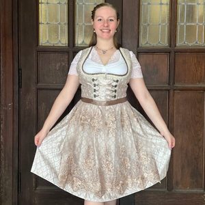 Women's Bavarian Style Dirndl <b>Dress</b> With Embroidered Floral Pattern Midi Length A-Line Sleeveless Traditional Folk Costume - Product Image 1