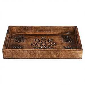 Plateau de service rectangulaire en bois naturel, long plateau de petit-déjeuner et de thé, plateau ovale avec poignées découpées, plateau de table basse pour boissons - Product Image 4