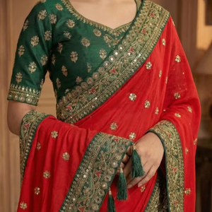Sari de Seda con Estampado Floral Estilo Bollywood, Marca KV - Product Image 1