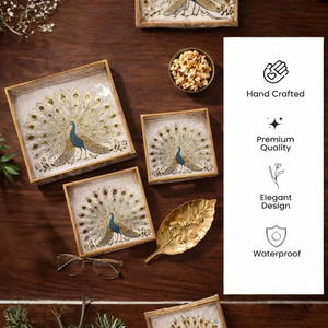 Juego de 3 bandejas de servir de madera con revestimiento de esmalte: Diseño de pavo real dorado, hecho por B H Brothers - Product Image 5