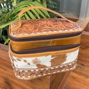 Sac cosmétique de maquillage en cuir repoussé à la main pochette de voyage portable pour femmes sac cosmétique en cuir de vachette pour femmes trousse de toilette de luxe styliste - Product Image 2