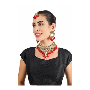 Ethnic Gold Plated Kundan Jewelry <b>Set</b> Necklace Earrings Maang Tikka Women Wedding Bridal Wear Red <b>Crystal</b> Rhinestone Alloy - Product Image 4