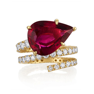 Luxury Women's 18K <b>Gold</b> <b>Cocktail</b> <b>Ring</b> With Pear Shape Ruby And Round Brilliant Cut Diamond Prong Mount - Product Image 1