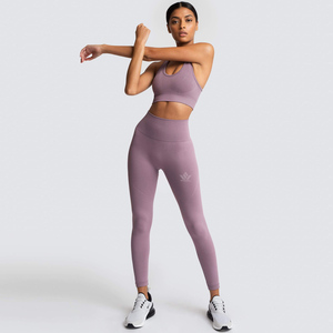 Women's <b>Pink</b> Seamless Breathable Spandex/Nylon Yoga Set High Waist Full Length Leggings Sports Bra Racerback Scoop Neck Two - Product Image 4