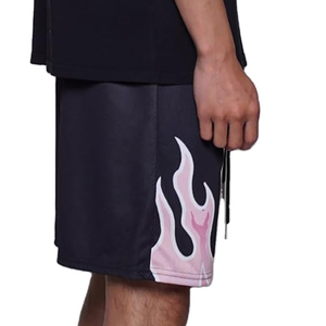 Custom Mens Black Mesh Shorts Pink Flame Graphic Print Drawstring Elastic Waistband Casual <b>Athletic</b> Basketball Trunks - Product Image 2