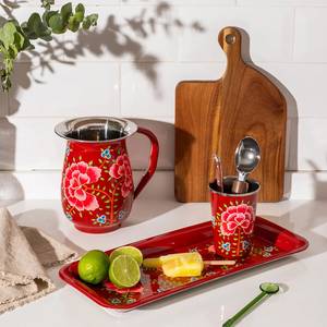 Service de table traditionnel écologique en métal à motif floral, comprenant pichet et tasses noires, pour usage sur table. - Product Image 2
