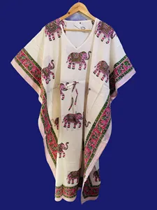 Vestido maxi tipo caftán blanco con estampado de elefantes estilo bohemio, cuello en V, corte holgado para mujer, vestido informal de algodón para vacaciones y playa - Product Image 1