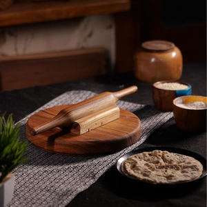 Smart Art Wood Carving Handmade Acacia Wood Chapati <b>Rolling</b> <b>Pin</b> and <b>Rolling</b> Board Round Shape Roti Chakla Belan For Kitchen Set - Product Image 2