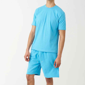 Men's Summer T-shirt Shorts Suit High Quality Polyester/Cotton Breathable T-Shirt Shorts Set Sky <b>Blue</b> Color O-Neck Short Sleeve - Product Image 4