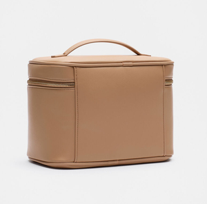 Leather Cosmetic Case <b>Medium</b> Size Zipper Closure Elegant Style Soft Handle Travel Makeup Bag <b>Brown</b> Color - Product Image 2