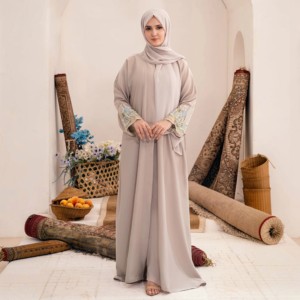 <b>STAR</b> IMPEX Light Gray Modest Abaya Floor Length Long Sleeve High Neck Embroidered Women's Prayer <b>Dress</b> Middle East Style Solid - Product Image 6