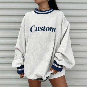 Custom Custom Print Embroidery Cotton Striped Rib Pullover Oversized Hooded Sweatshirt <b>Top</b> Leisure Hoodies Women Crew Neck <b>Sweat</b> - Product Image 1