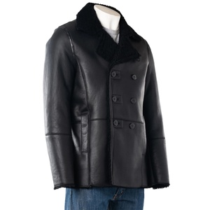 Men's Premium Real Black Sheepskin <b>Shearling</b> Leather <b>Bomber</b> <b>Jacket</b> Winter Windproof Breathable High Quality Leather <b>Jackets</b> - Product Image 5