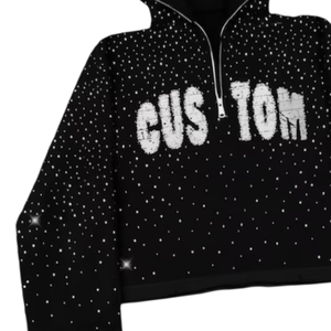 Sudadera Corta Personalizada con Pedrería – Sudadera Negra con Cristales Brillantes y Diseño de Logotipo Personalizado, Sudadera de Lujo Estilo Urbano - Product Image 2