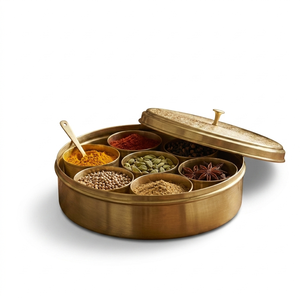 Traditional Brass Masala Dabba <b>Spice</b> <b>Box</b> Luxury Round Organizer with Lid Kitchen Container Set Custom Gift Packing Wholesale - Product Image 1