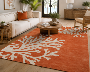 Alfombra de Lana Hecha a Mano con Diseño Floral, Modelo TAC-423 de Jaipur Rugs, Ecológica, Delgada, Moderna, de Pelo Corto, Color Naranja Mandarina/Marfil Oscuro, Tamaño Grande 9x12 - Product Image 1