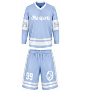 ชุดฮอกกี้น้ำแข็งสีฟ้าสำหรับผู้ชาย แบบซับลิเมชั่น เสื้อและกางเกงขาสั้น โพลีเอสเตอร์ ลายทาง น้ำหนักเบา ชุดกีฬาสำหรับการแข่งขัน - Product Image 1