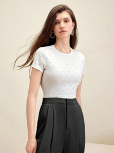 T-shirt à manches courtes pour femme, coupe classique, 100% coton, respirant, anti-rides, séchage rapide, noir uni, orné de strass personnalisés - Product Image 2