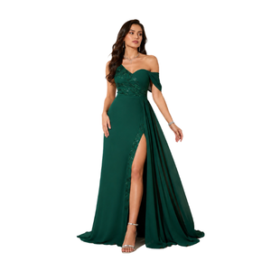 Vestido de Fiesta para Mujer, de Chifón, Largo hasta el Suelo, con un Hombro Descubierto, Diseño con Abertura Lateral, Bordado con Lentejuelas, Transpirable - Product Image 1
