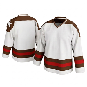 Maillot de hockey sur glace blanc de qualité supérieure, personnalisé, sublimé, respirant, à séchage rapide, avec bandes rouges-brun, col en V. - Product Image 1