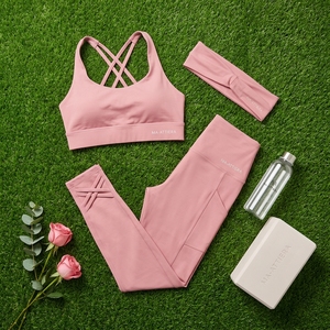 Women Dusty <b>Pink</b> Long Sleeve Crop Top High Waist <b>Leggings</b> Yoga Set <b>Gym</b> Fitness Activewear Workout Set - Product Image 6