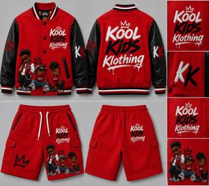Red Black <b>Men's</b> <b>Summer</b> Varsity <b>Jacket</b> & Shorts Set Chenille Embroidery Heat Transfer Print OEM Customized - Product Image 1