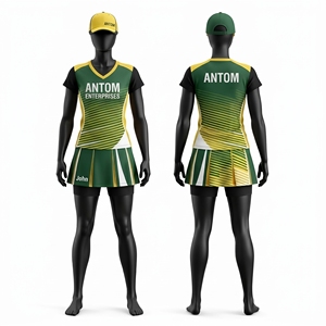 Ensemble d'uniformes de netball personnalisés sublimés, violet et turquoise, pour femmes et filles, robe sans manches avec short et casquette, maillot d'équipe personnalisé - Product Image 6