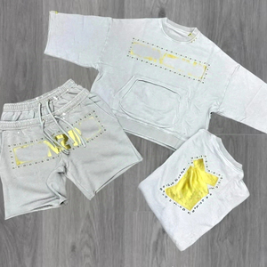 Ensemble de survêtement décontracté pour homme avec logo personnalisé, 100% coton velours, sequins thermocollés, séchage rapide, fermeture éclair, polo et short de jogging - Product Image 3