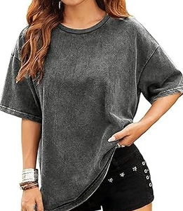Best Quality Lightweight Acid Wash Vintage <b>T</b>-<b>Shirt</b> <b>Women</b> Short Sleeve Breathable 100% Cotton Canvas Hip Hop Casual Style Summer - Product Image 2