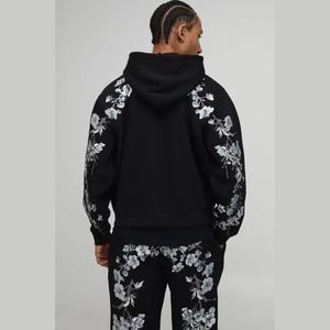 Sweat à capuche noir uni avec fermeture éclair, motif floral, poches kangourou, coupe oversize, style streetwear décontracté, unisexe, chaud, 100% coton, polaire d'hiver, tendance - Product Image 4