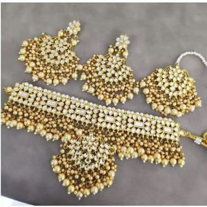 Gold Plated Kundan Choker Jewelry Set With Earrings & Tikka For Women Wedding Bridal Indian Ethnic Vintage Style Fashion Jewelry - Product Image 3