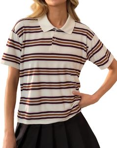 Polo a Rayas de Mujer de Última Tendencia, Manga Corta, Tejido de Punto Casual, Largo Regular, Patrón Liso Teñido, Camisetas Polo ODM - Product Image 1